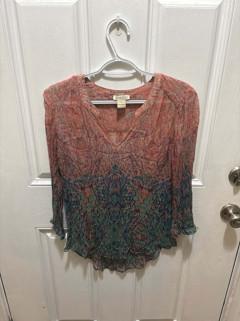 Lucky Brand Peacock Scales Pattern Sheer High-Low Boho Tunic Blouse Size S